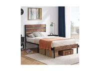 Slickblue Industrial Platform Bed Frame with Wood Slatted Headboard Footboard