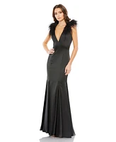 Mac Duggal Women's Feather Shoulder V-Neck Column Gown