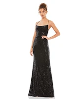 Mac Duggal Women's Stretch Sequin Lace Up Back Evening Gown