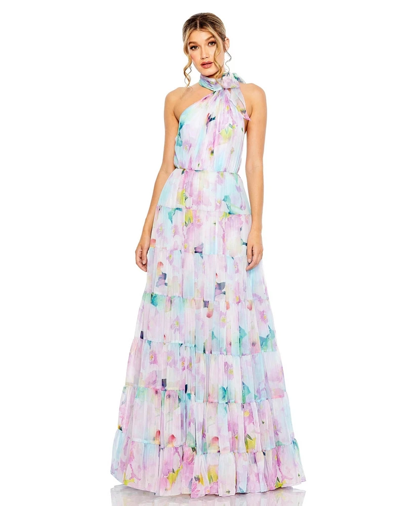 Mac Duggal Women's Floral Print Asymmetrical Halter Neck Tiered Gown