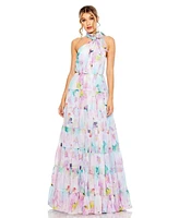 Mac Duggal Women's Floral Print Asymmetrical Halter Neck Tiered Gown