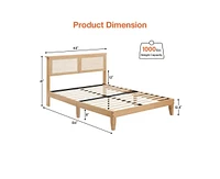 gaomon Queen Size Bed Frame with Rattan Headboard, Platform Bed Frame with Led Lights and Wood Headboard, Strong Wooden Slat, Mattress Foundation, Noi