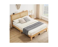 gaomon Queen Size Bed Frame with Rattan Headboard, Platform Bed Frame with Led Lights and Wood Headboard, Strong Wooden Slat, Mattress Foundation, Noi