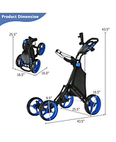 Gymax 4 Wheels Foldable Golf Push Pull Cart Trolley w/ Brake Waterproof Bag