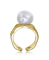 Genevive Sterling Silver 14K Gold Plated with Genuine Freshwater Pearl Contemporary Ring