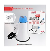 Pyle 20-Watt Portable Megaphone with Siren, MP3 Input, Adjustable Volume, Shoulder Strap, Lightweight White Bullhorn