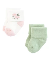 Hudson Baby Girls Cotton Rich Newborn and Terry Socks, Pink Sage Rose, 0-6 Months