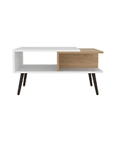 Drexel Coffee Table, 2 Shelves, 4 legs, White / Natural Oak