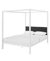 Slickblue Metal Canopy Bed Frame with Grey Fabric Upholstered Headboard