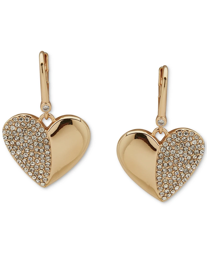 Dkny Gold-Tone Pave Puffy Heart Drop Earrings