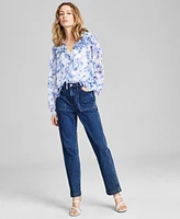 And Now This Women's Floral-Print Button-Front Ruffled Tie-Neck Woven Blouse