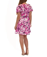 julia jordan Woman's Floral-Print Split-Neck Tie-Waist Dress