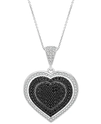 Black & White Diamond Heart Halo Cluster 18" Pendant Necklace (3/4 ct. t.w.) in Sterling Silver, Exclusively at Macy's