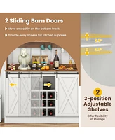 Gouun Farmhouse Coffee Bar Cabinet with Charging Station and Sliding Barn Doors