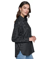 Karl Lagerfeld Paris Women's Oversized Satin Tonal Jacquard-Print Button-Front Top