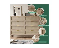 gaomon 8 Drawer Rattan Dresser, 47.2" x 15.7" x 37" Rattan Chest of Dressers, Mid Century Modern Dresser for Closet with Handles, Large Table Top, Dre
