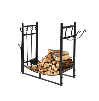 Slickblue Firewood Holder Log Rack with Poker, Shovel, Tongs, and Broom for Complete Fireplace Set