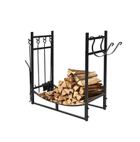 Slickblue Firewood Holder Log Rack with Poker, Shovel, Tongs, and Broom for Complete Fireplace Set