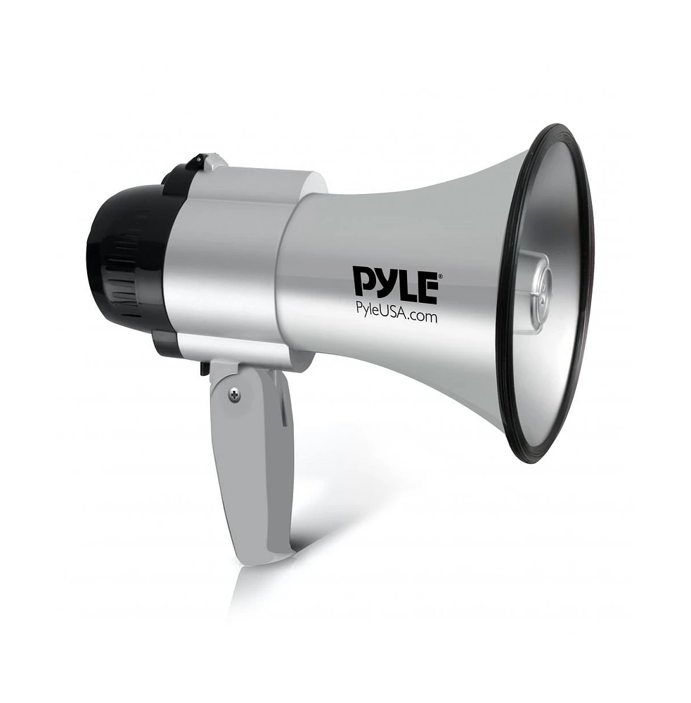 Pyle 30-Watt Portable Megaphone with Siren, Adjustable Volume, Lightweight, Battery Operated, Silver Bullhorn