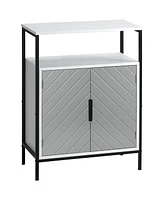 Homcom Storage Cabinet with Open Shelf and Double Door Cupboard, Accent Cabinet with Herringbone Panel and Steel Frame, Gray