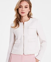 Bar Iii Women's Textured Fringed Cropped Zip Blazer, Exclusively at Macy's