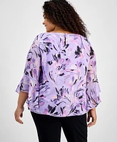 Kasper Plus Printed Ruffle-Sleeve Blouse