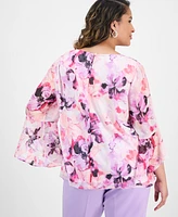 Kasper Plus Printed Bell-Sleeve Blouse