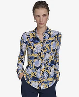 Tommy Hilfiger Women's Floral-Print Ruffled-Placket Button-Down Knit Top