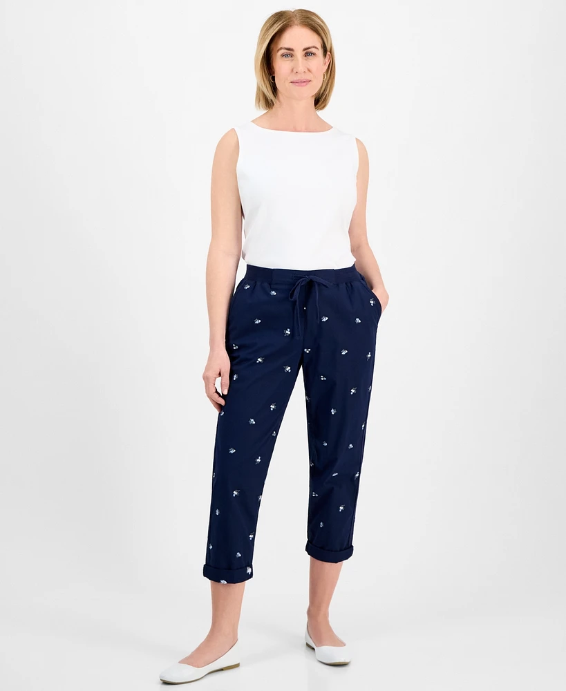 Style & Co Petite Floral-Embroidered Drawstring Pants, Exclusively at Macy's