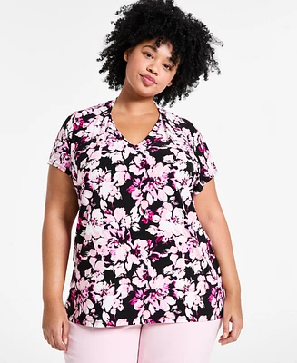 Kasper Plus Floral V-Neck Cap-Sleeve Top