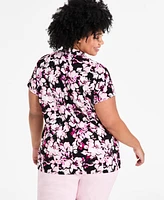 Kasper Plus Floral V-Neck Cap-Sleeve Top