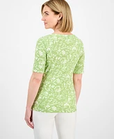 Style & Co Petite Gram Floral Elbow-Sleeve Tee, Exclusively at Macy's