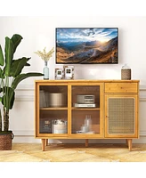 Gouun Modern Bamboo Buffet Sideboard Cabinet with Tempered Glass Sliding Doors