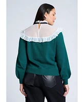 Eloquii Plus Size Sheer Yoke Sweater With Tie Neck