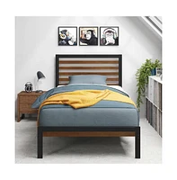 Slickblue Student Dorm Metal Platform Bed Frame with Wood Slat Headboard