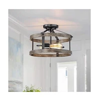 Slickblue Round Metal Wood Farmhouse 2-Light Ceiling Lamp - Semi-Flush Mount