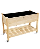 Gymax Raised Garden Bed Wood Elevated Planter Bed w/Lockable Wheels Shelf & Liner