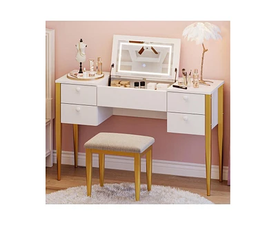 gaomon 47" Makeup Vanity Desk with Flip Top Mirror and Lights, 3 Lighting Mode, 3 in 1 Vanity Table with 5 Drawers