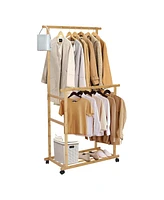 Unho Wooden Clothes Stand: Freestanding Bamboo Coat Rack Stand with Wheels