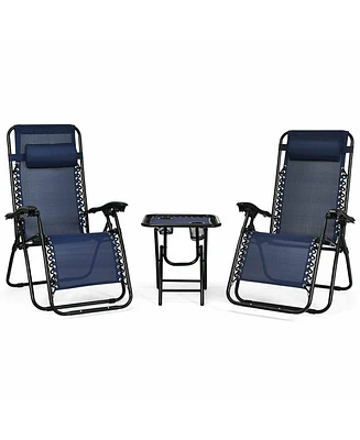 Gymax 3PCS Zero Gravity Recliner Lounge Chairs Pillows Table Portable Folding Navy