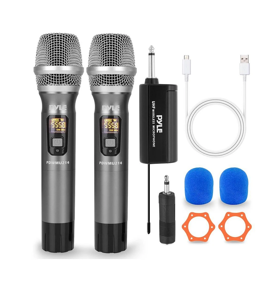 Pyle Uhf Wireless Handheld Microphone System - 32-Channel Frequency, Receiver, Usb Rechargeable, Includes (2) Mics