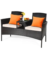 Gymax Patented Cushioned Rattan Wicker Patio Conversation Set w/ Loveseat Table Brown