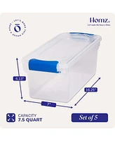 Homz 7.5 Quart Secure Latching Clear Plastic Stackable Storage Container, 5 Pack