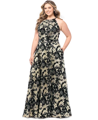 Betsy & Adam Plus Floral Foil Print Halter-Neck Gown