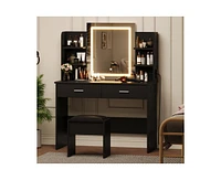 gaomon Vanity Desk with Mirror and Lights, Makeup Vanity Set w/Desk and Stool, Power Outlet, Makeup Vanity Desk with 6 Storage Shelves