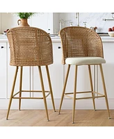 Maison Boucle 29" Linen Bar Stool Set of 2,Beige Upholstered Bar Stool with Rattan Back-Maison Boucle