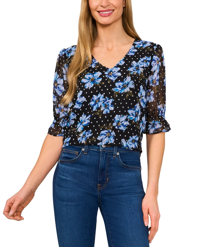 CeCe Women's Floral Elbow-Sleeve Ruffle V-Neck Blouse