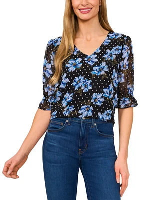 CeCe Women's Floral Elbow-Sleeve Ruffle V-Neck Blouse