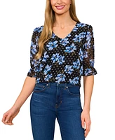 CeCe Women's Floral Elbow-Sleeve Ruffle V-Neck Blouse