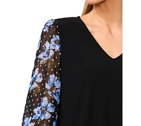 CeCe Women's Floral-Sleeve Mixed-Media V-Neck Top